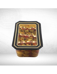 Aceituna Gordal con queso envuelto en anchoa y tomate seco